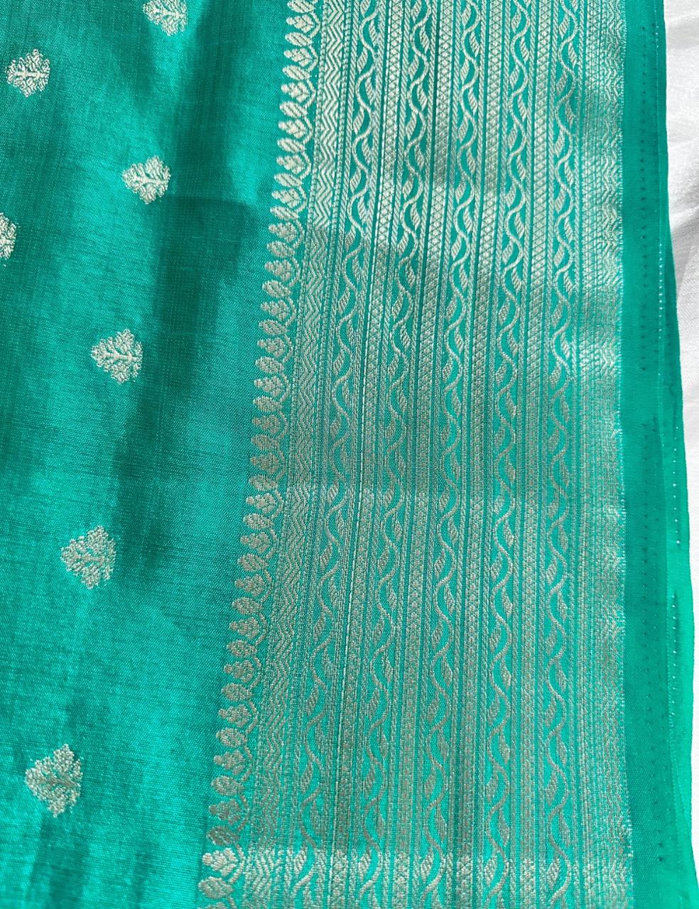 Sea Green Tussar Silk Saree with Silver Zari Leaf Butta and Woven Border