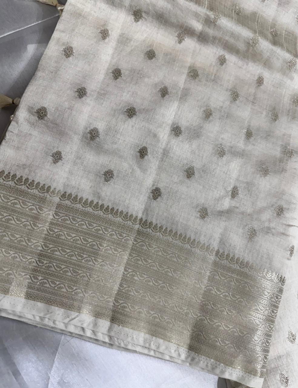 Ivory Tussar Silk Saree with Silver Zari Butta and Woven Border