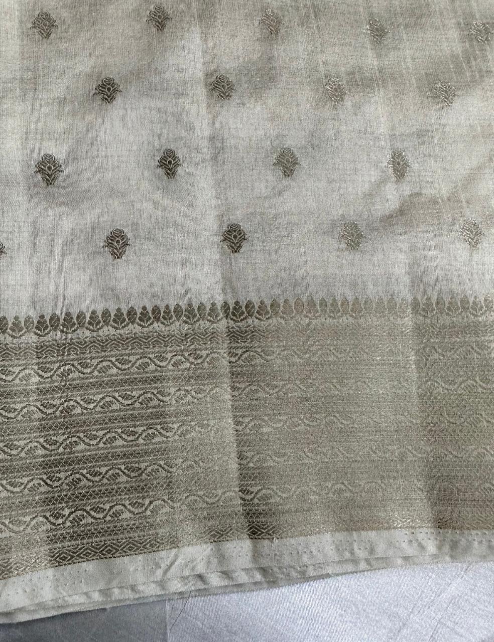 Ivory Tussar Silk Saree with Silver Zari Butta and Woven Border