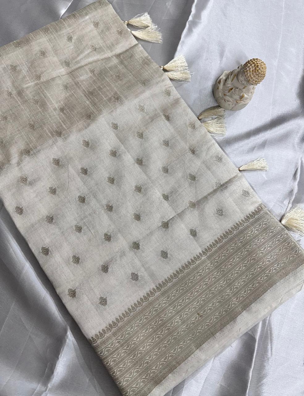 Ivory Tussar Silk Saree with Silver Zari Butta and Woven Border