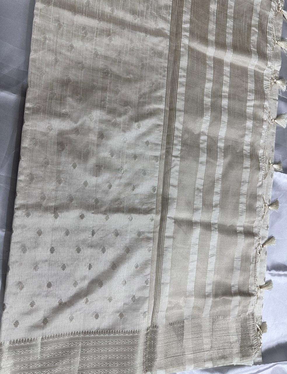 Ivory Tussar Silk Saree with Silver Zari Butta and Woven Border