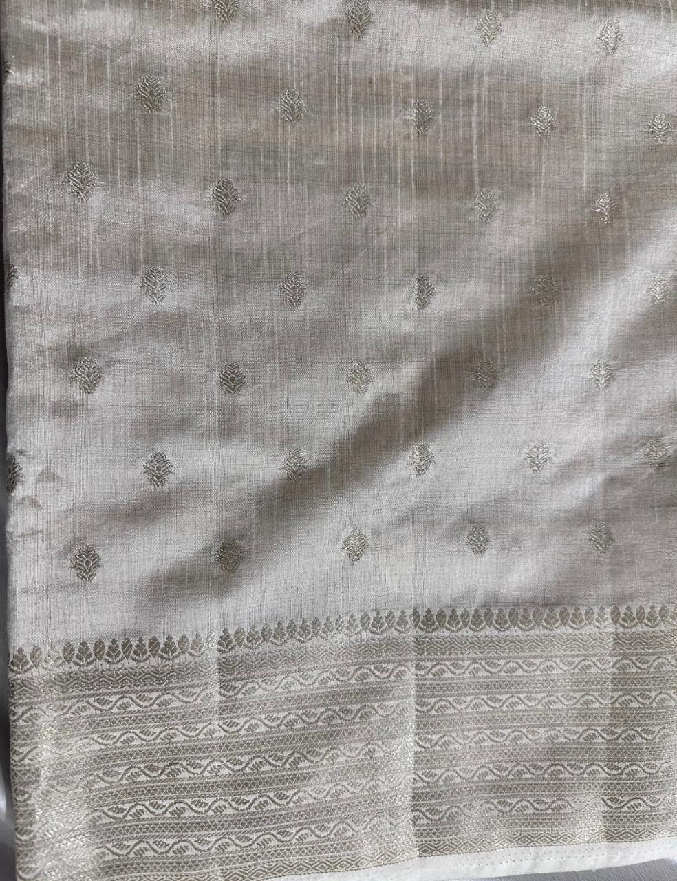 Ivory Tussar Silk Saree with Silver Zari Butta and Woven Border