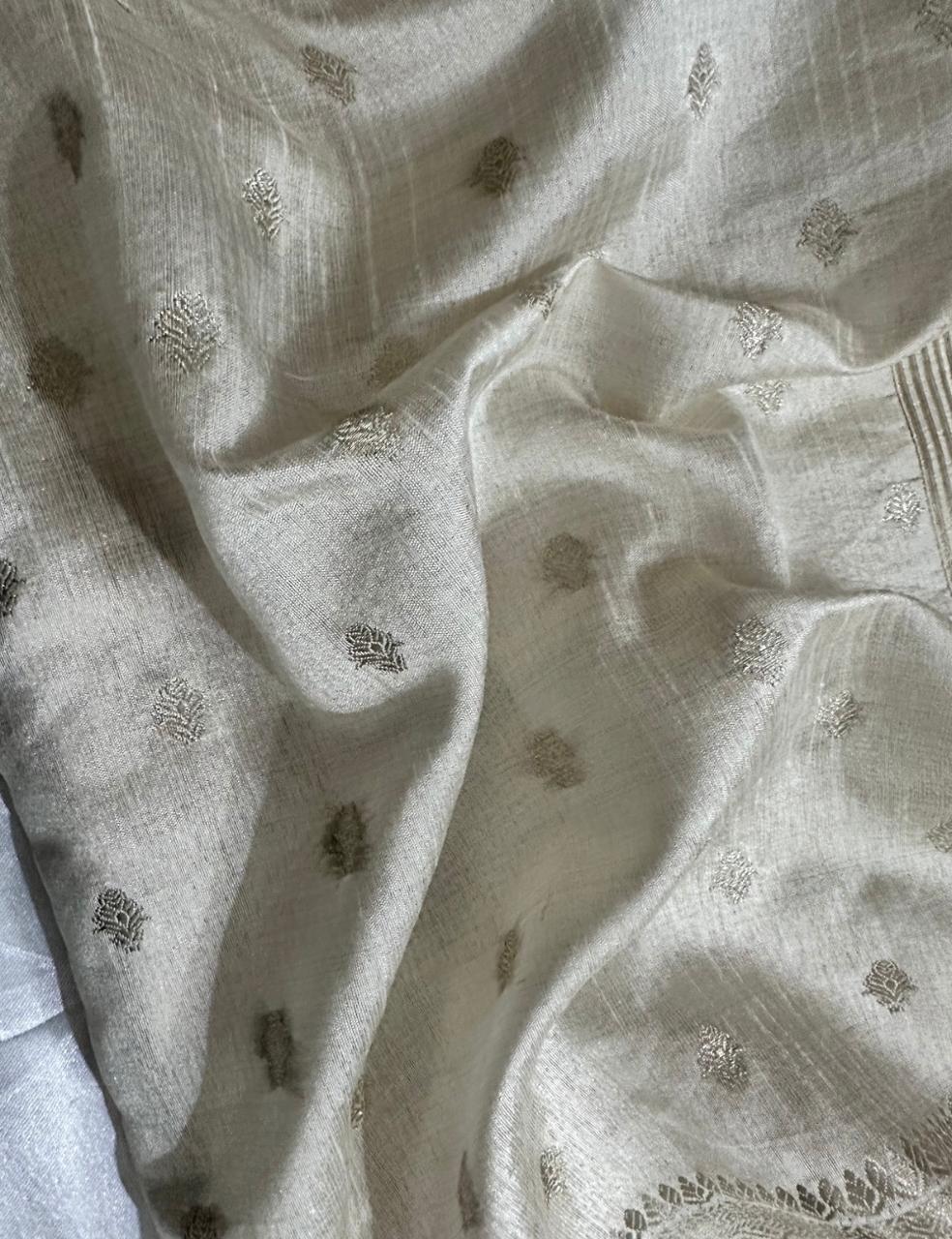 Ivory Tussar Silk Saree with Silver Zari Butta and Woven Border