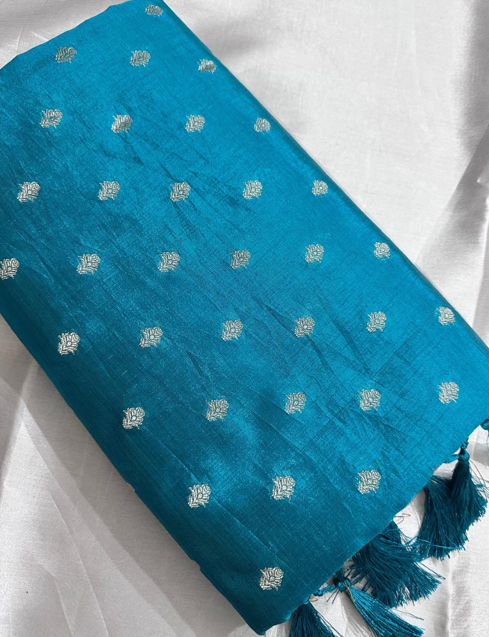 Teal Blue Tussar Silk Saree with Silver Zari Butta and Woven Border
