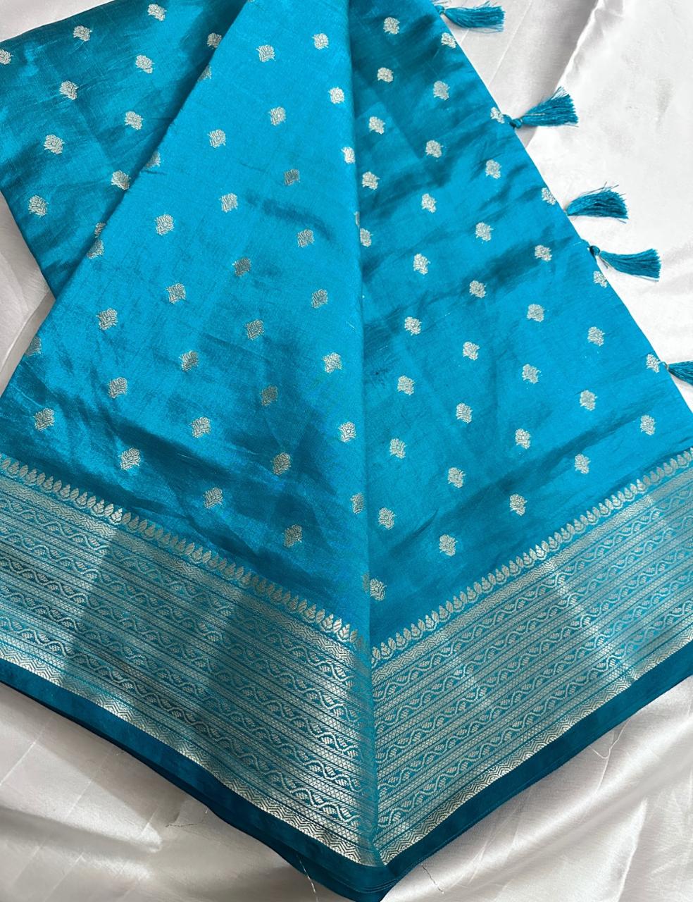 Teal Blue Tussar Silk Saree with Silver Zari Butta and Woven Border