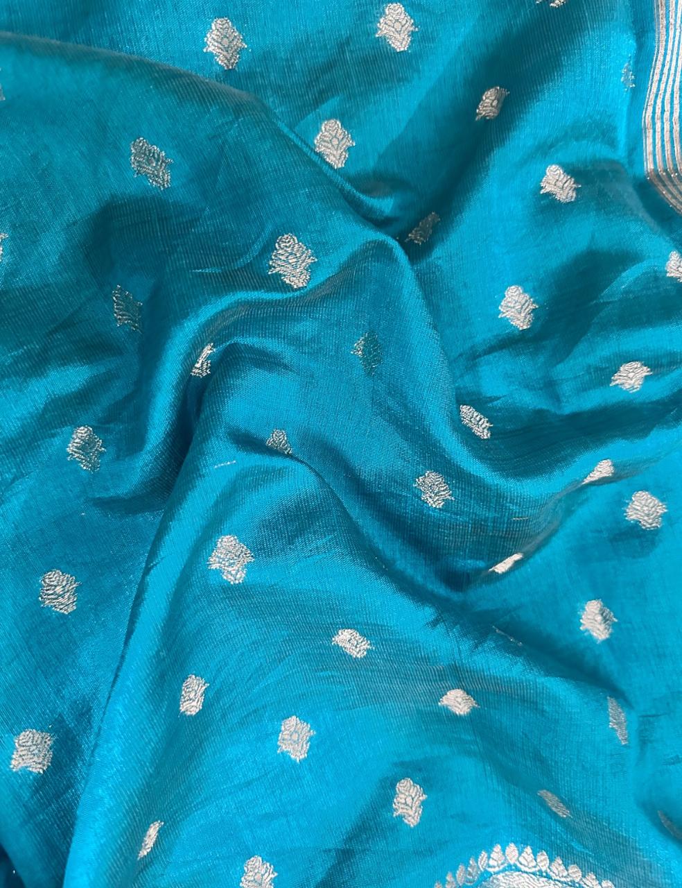 Teal Blue Tussar Silk Saree with Silver Zari Butta and Woven Border