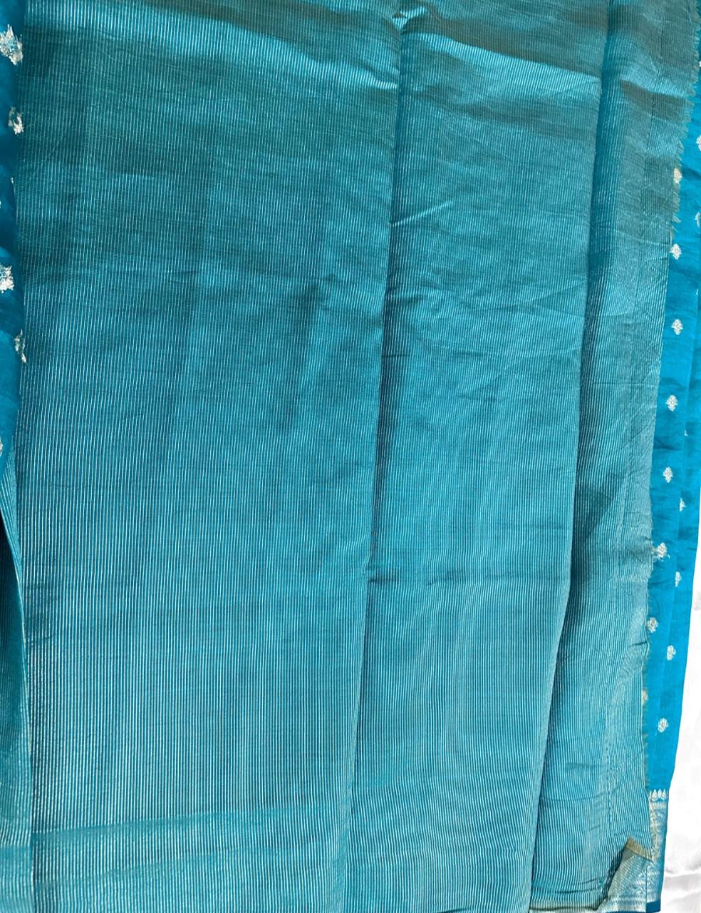 Teal Blue Tussar Silk Saree with Silver Zari Butta and Woven Border