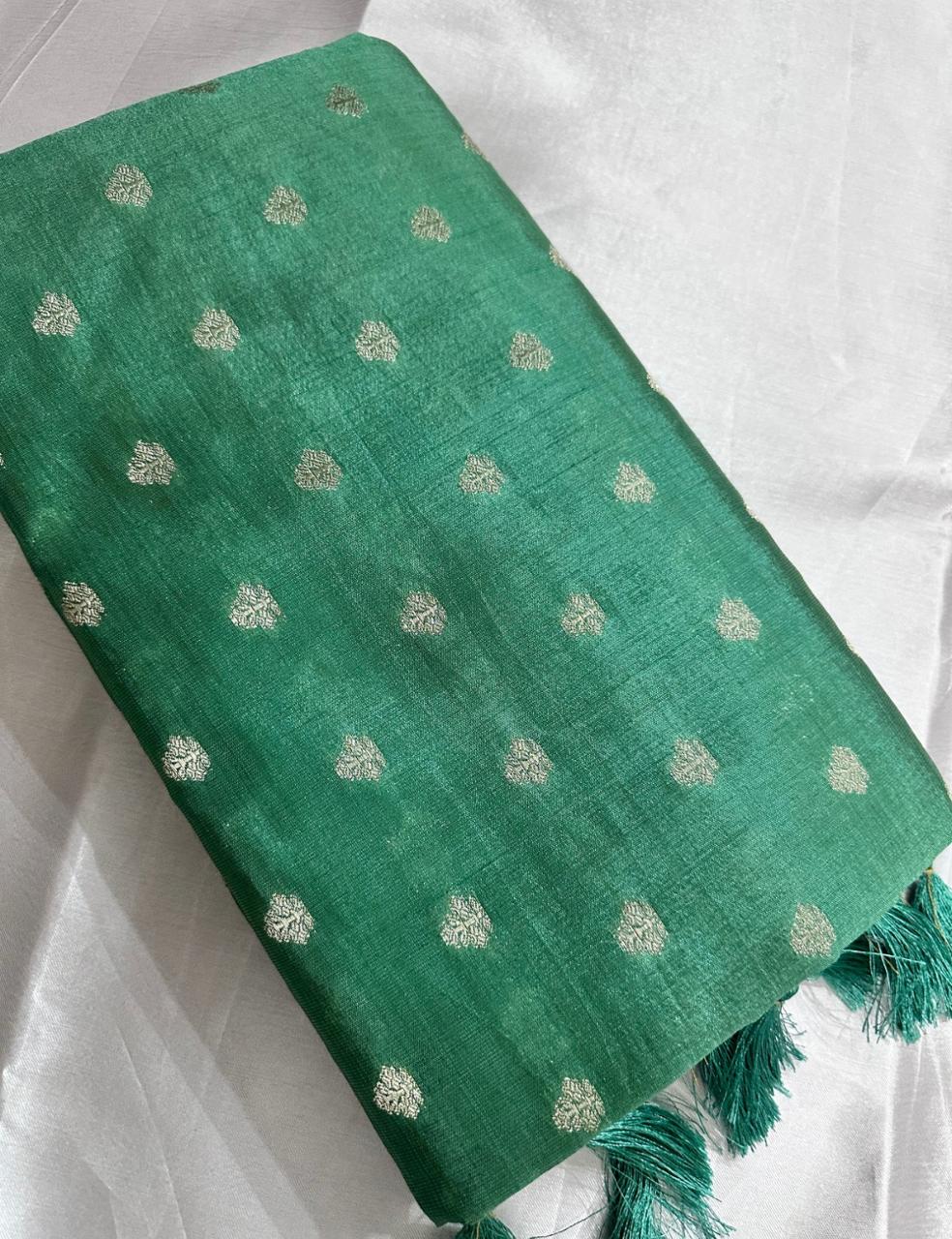 Aqua Green Tussar Silk Saree with Silver Zari Leaf Butta and Woven Border