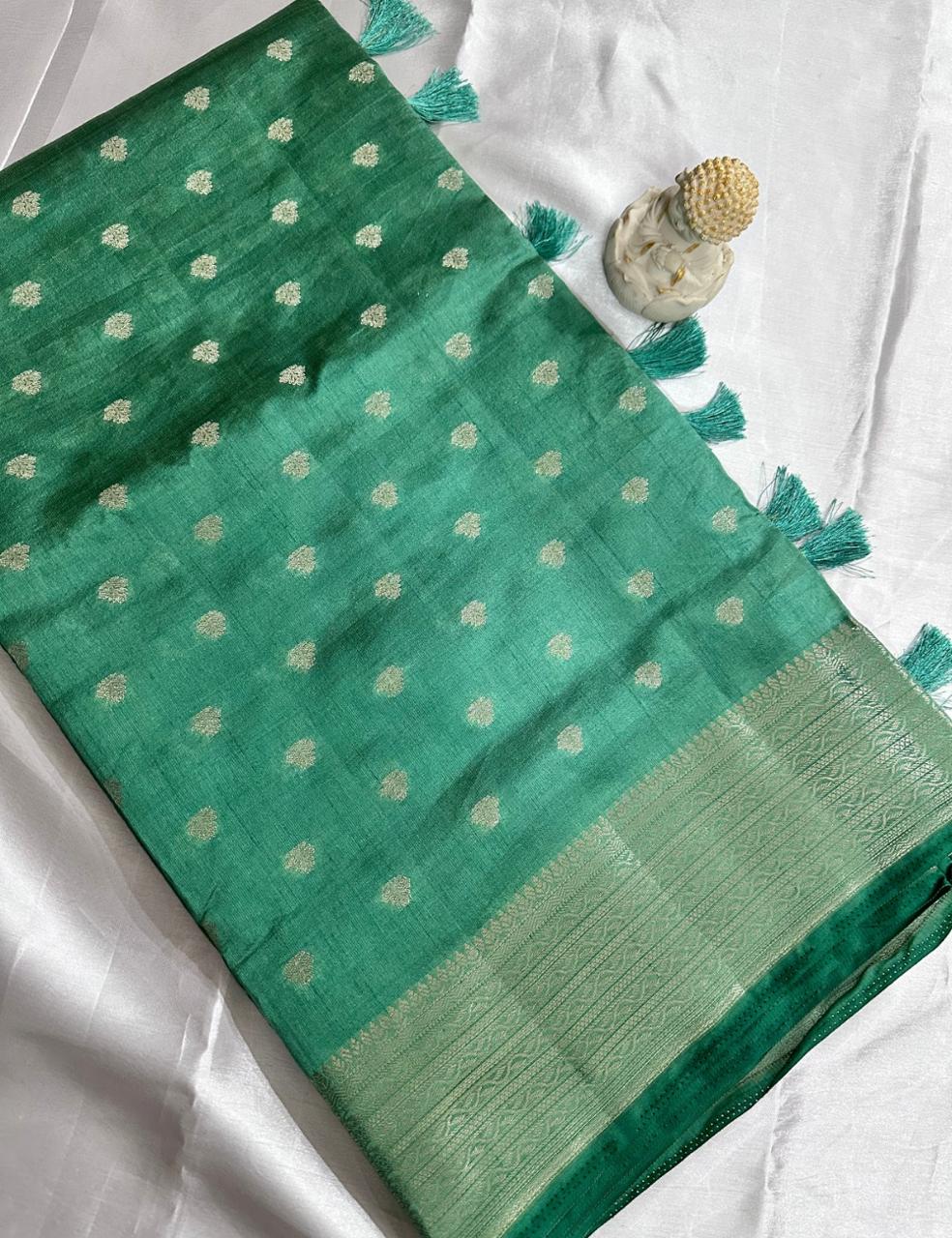 Aqua Green Tussar Silk Saree with Silver Zari Leaf Butta and Woven Border