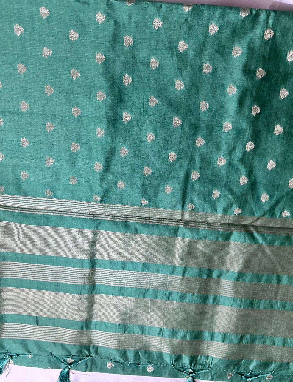 Aqua Green Tussar Silk Saree with Silver Zari Leaf Butta and Woven Border