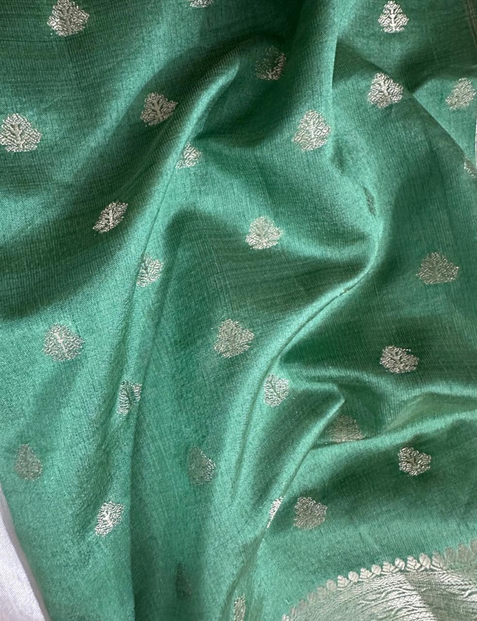 Aqua Green Tussar Silk Saree with Silver Zari Leaf Butta and Woven Border