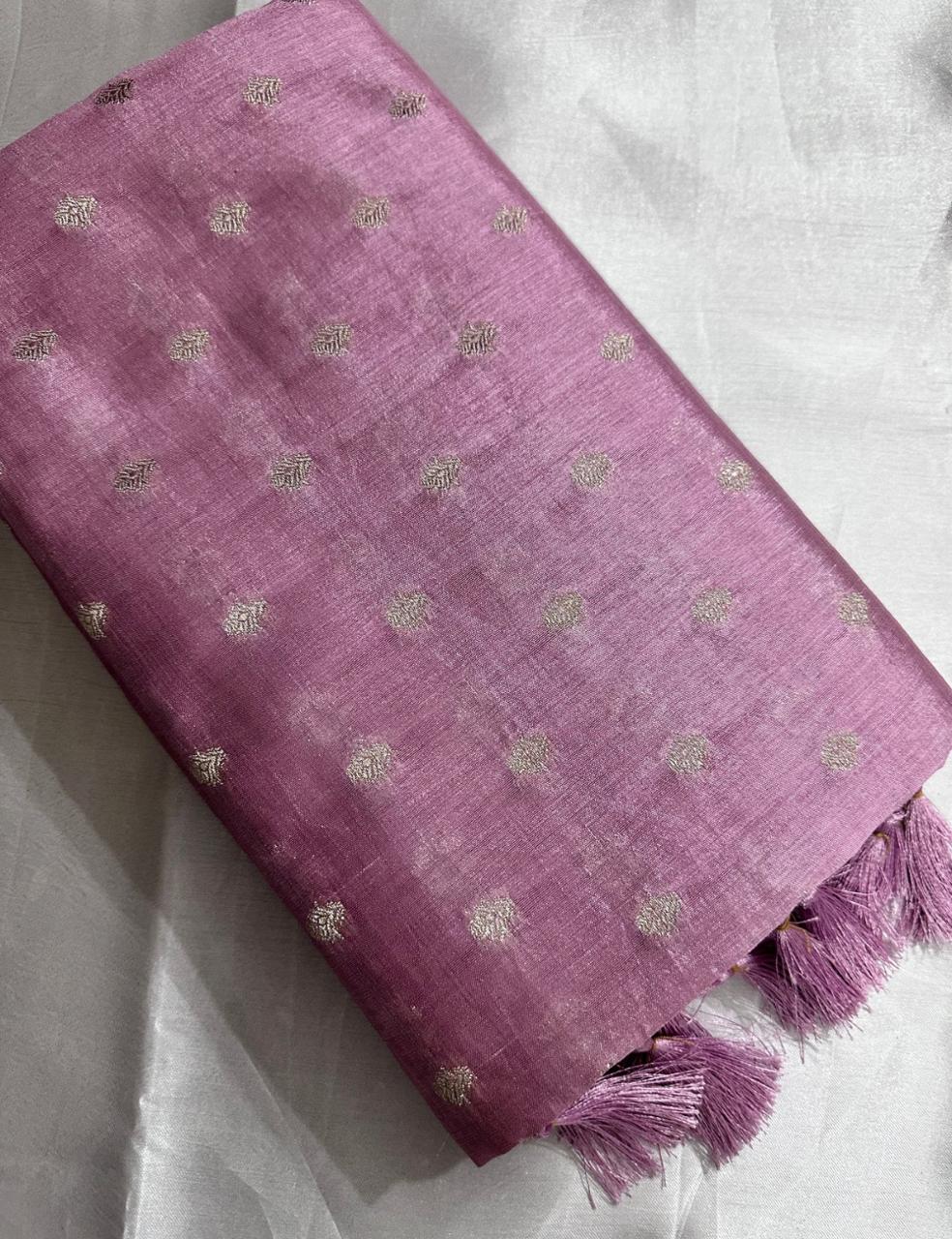 Lavender Pink Tussar Silk Saree with Silver Zari Butta and Contrast Woven Border