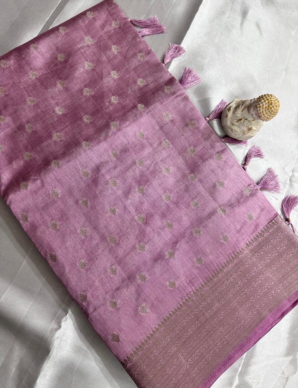 Lavender Pink Tussar Silk Saree with Silver Zari Butta and Contrast Woven Border