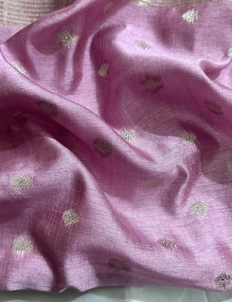 Lavender Pink Tussar Silk Saree with Silver Zari Butta and Contrast Woven Border