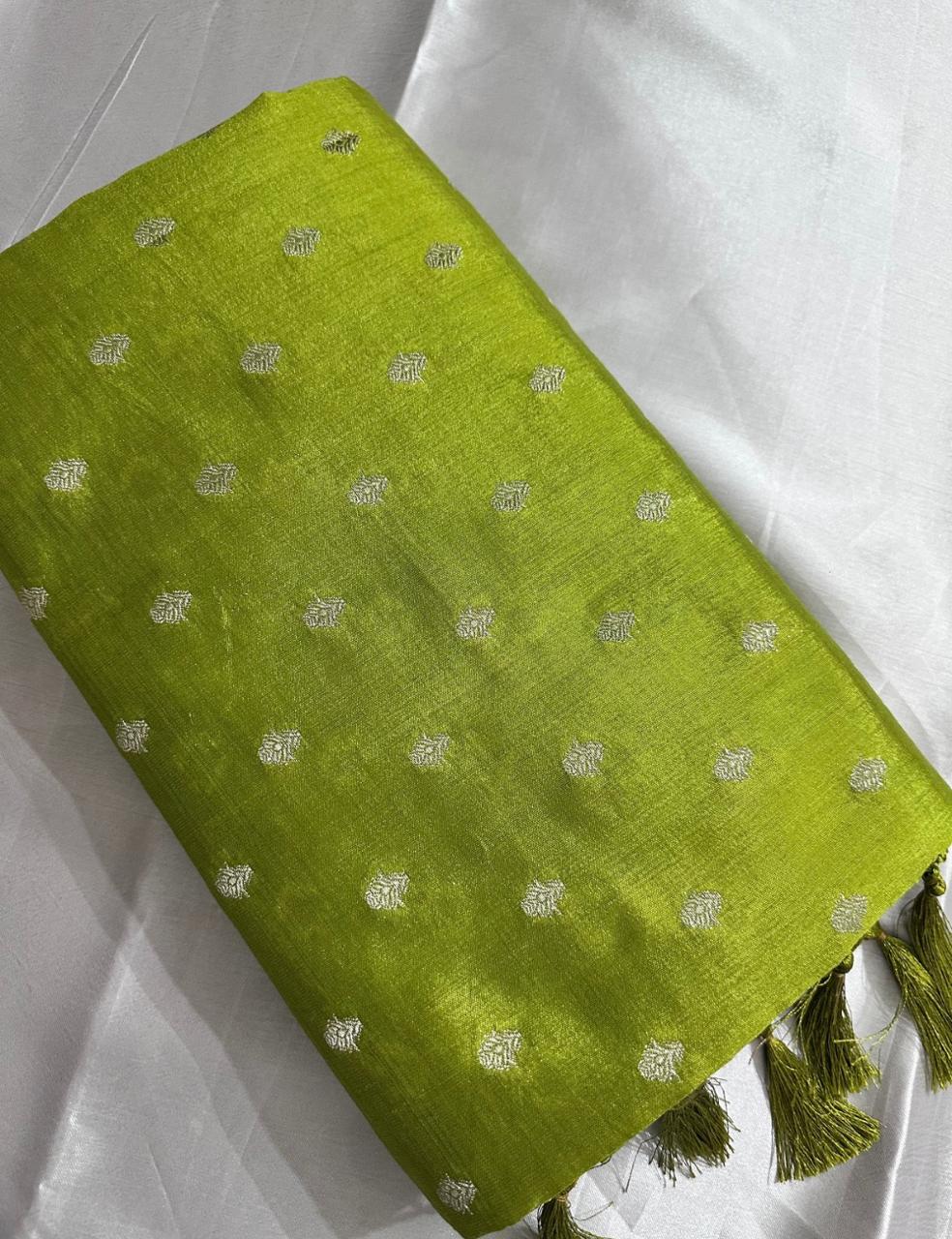 Lime Green Tussar Silk Saree with Silver Zari Butta and Woven Border