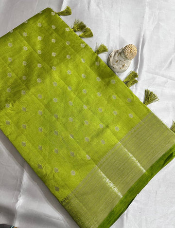 Lime Green Tussar Silk Saree with Silver Zari Butta and Woven Border