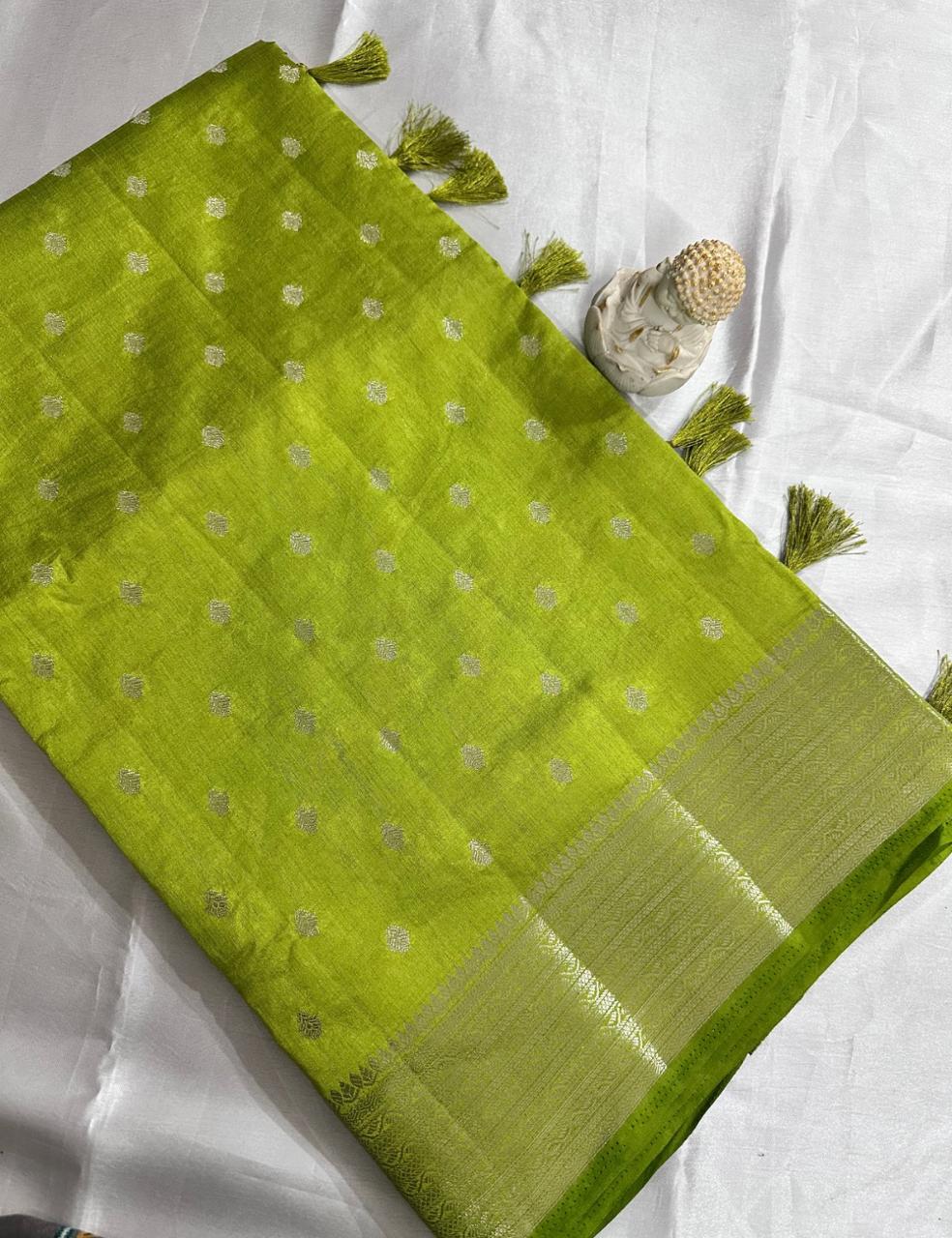 Lime Green Tussar Silk Saree with Silver Zari Butta and Woven Border