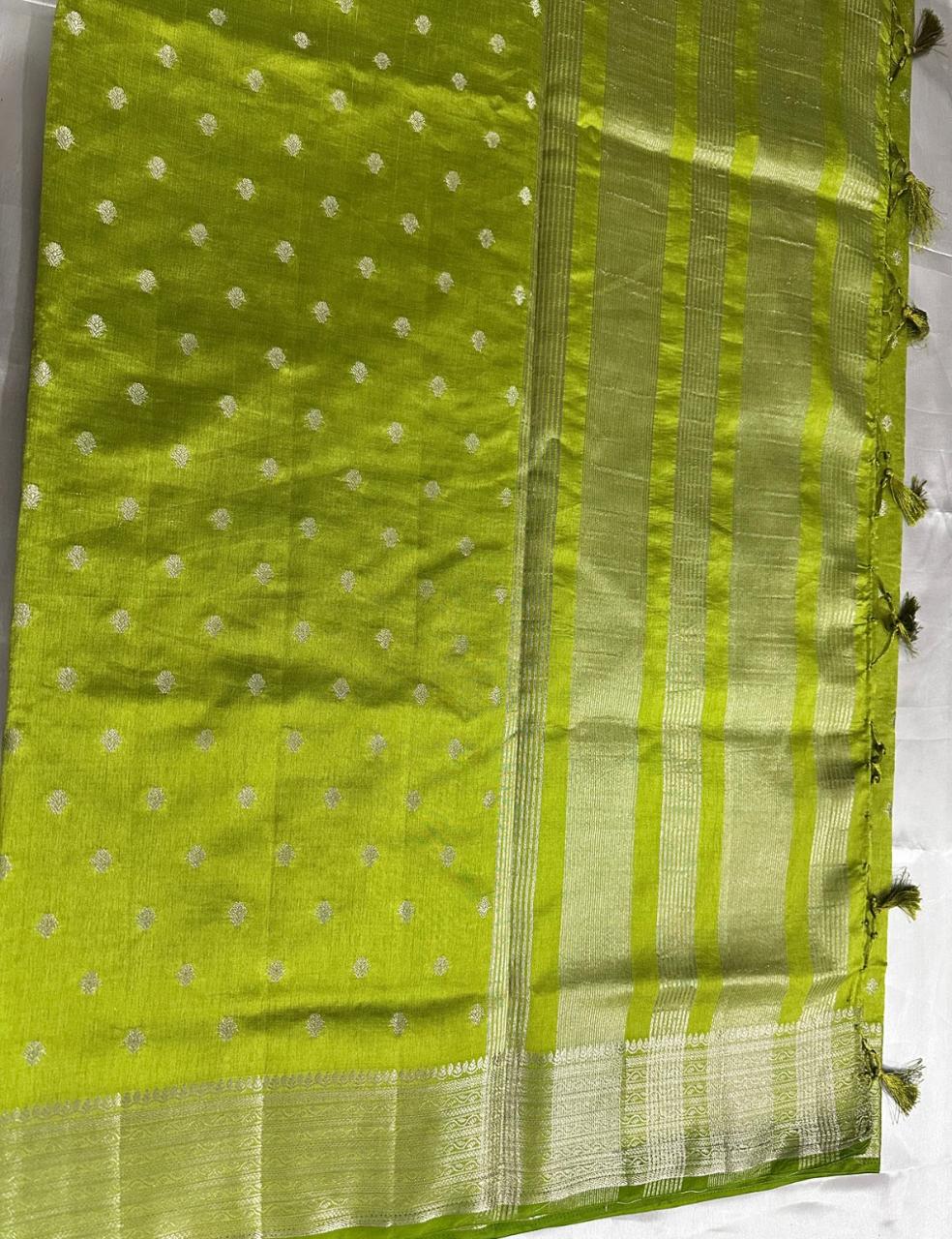 Lime Green Tussar Silk Saree with Silver Zari Butta and Woven Border