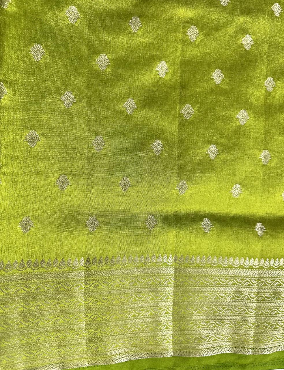 Lime Green Tussar Silk Saree with Silver Zari Butta and Woven Border
