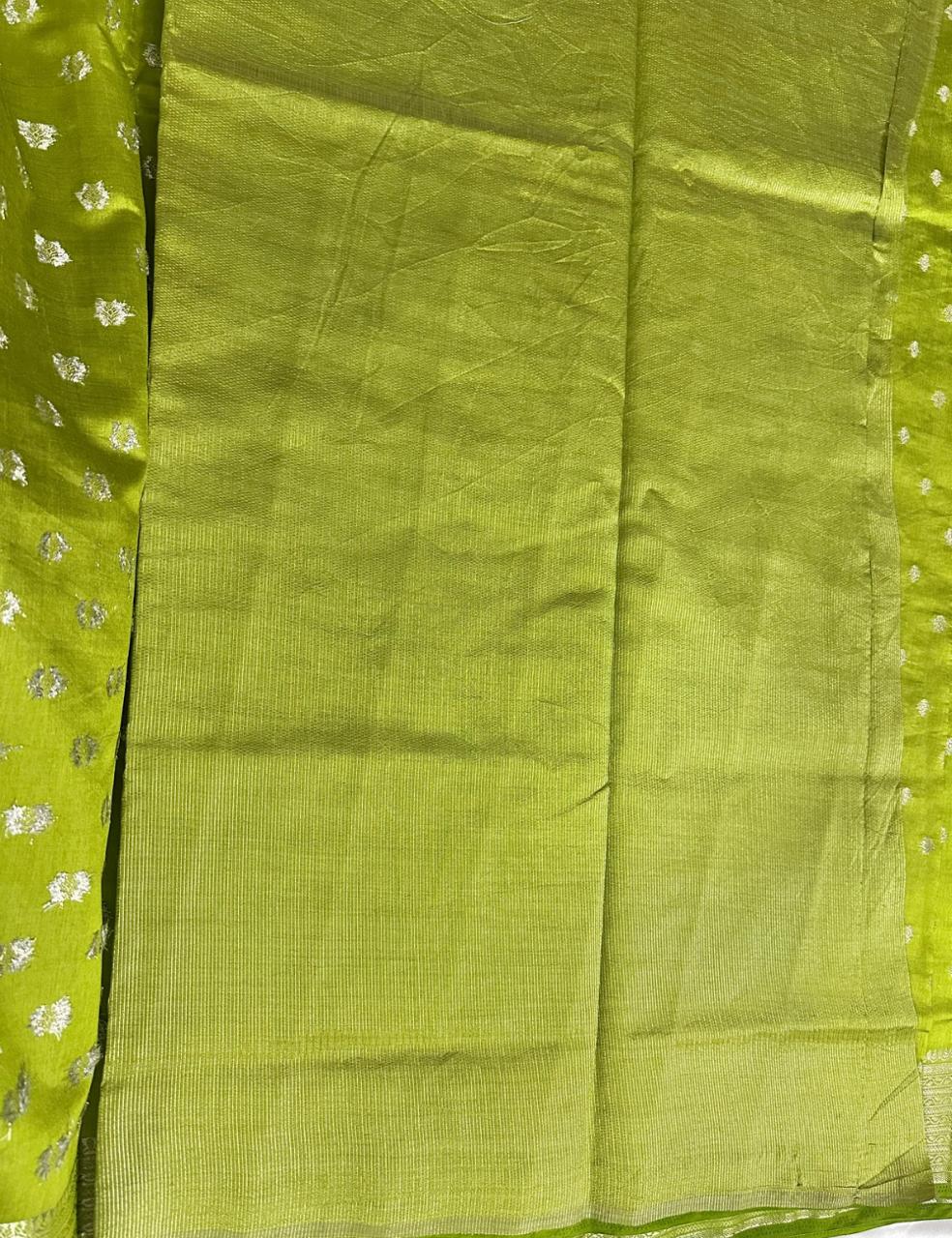 Lime Green Tussar Silk Saree with Silver Zari Butta and Woven Border