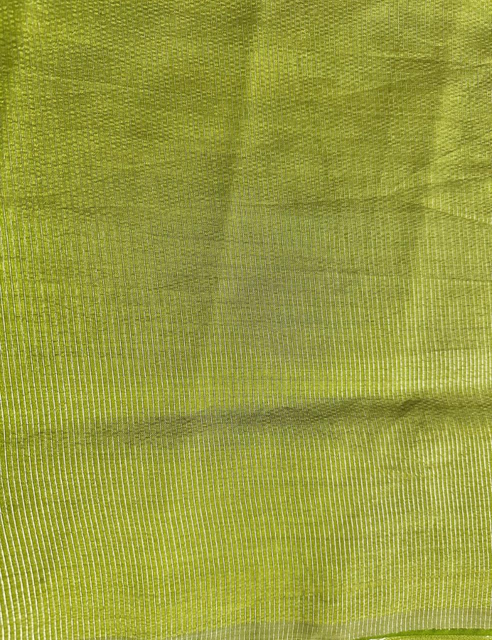 Lime Green Tussar Silk Saree with Silver Zari Butta and Woven Border