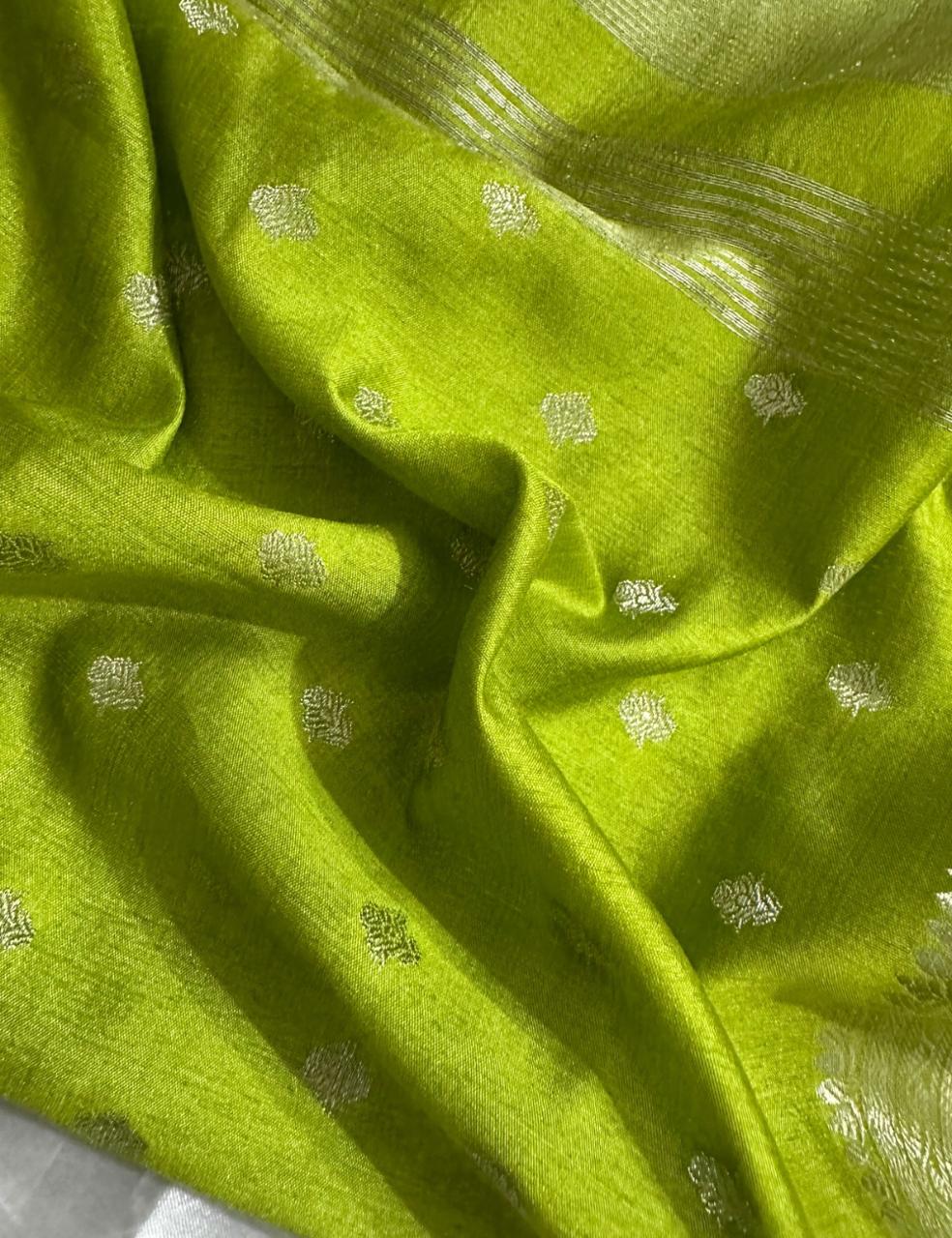 Lime Green Tussar Silk Saree with Silver Zari Butta and Woven Border