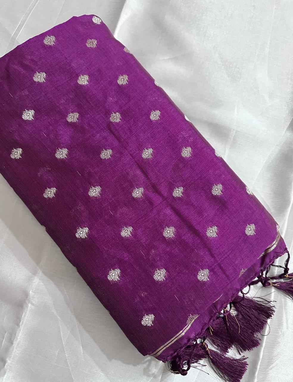 Royal Purple Tussar Silk Saree with Silver Zari Leaf Butta and Tassel Finish