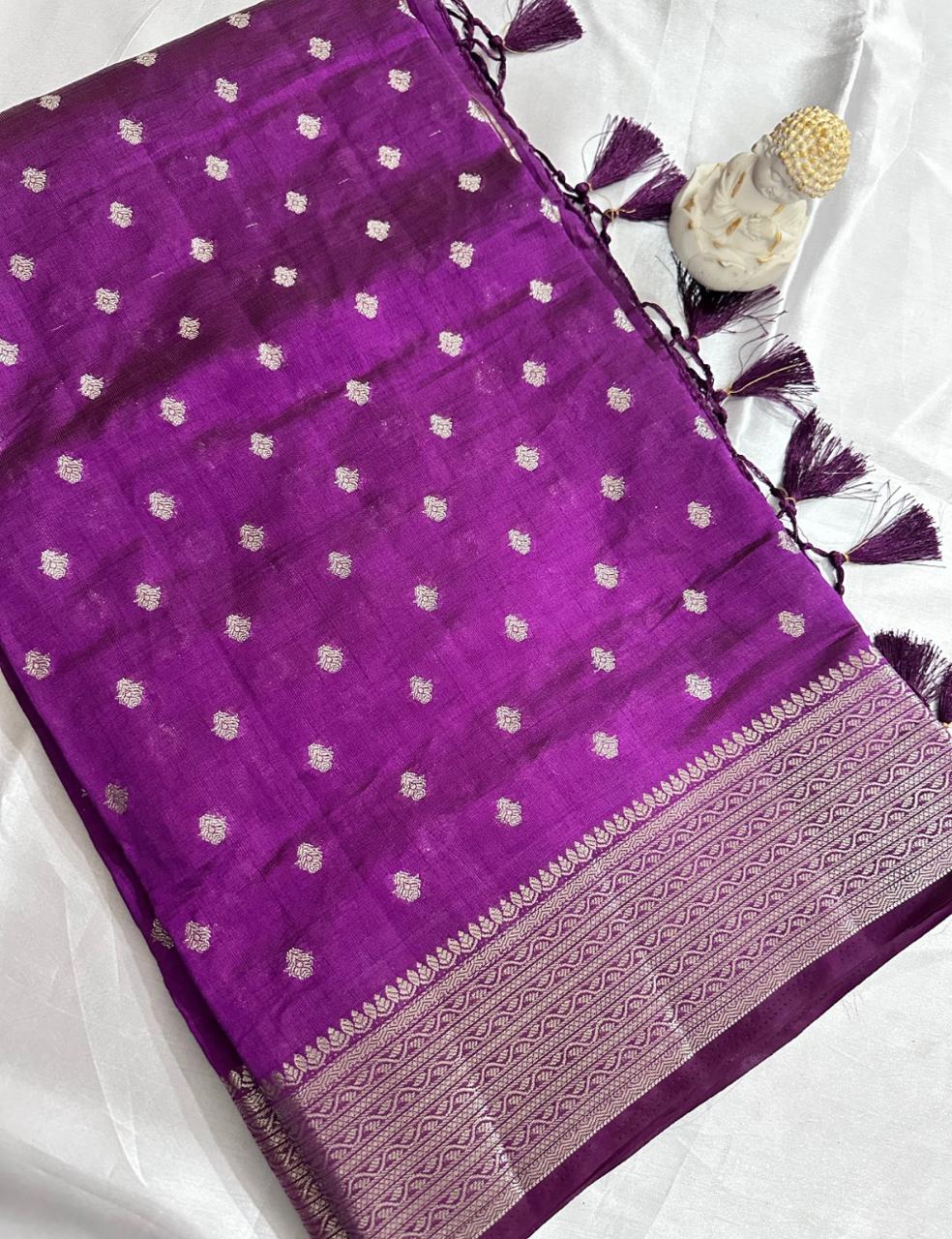 Royal Purple Tussar Silk Saree with Silver Zari Leaf Butta and Tassel Finish