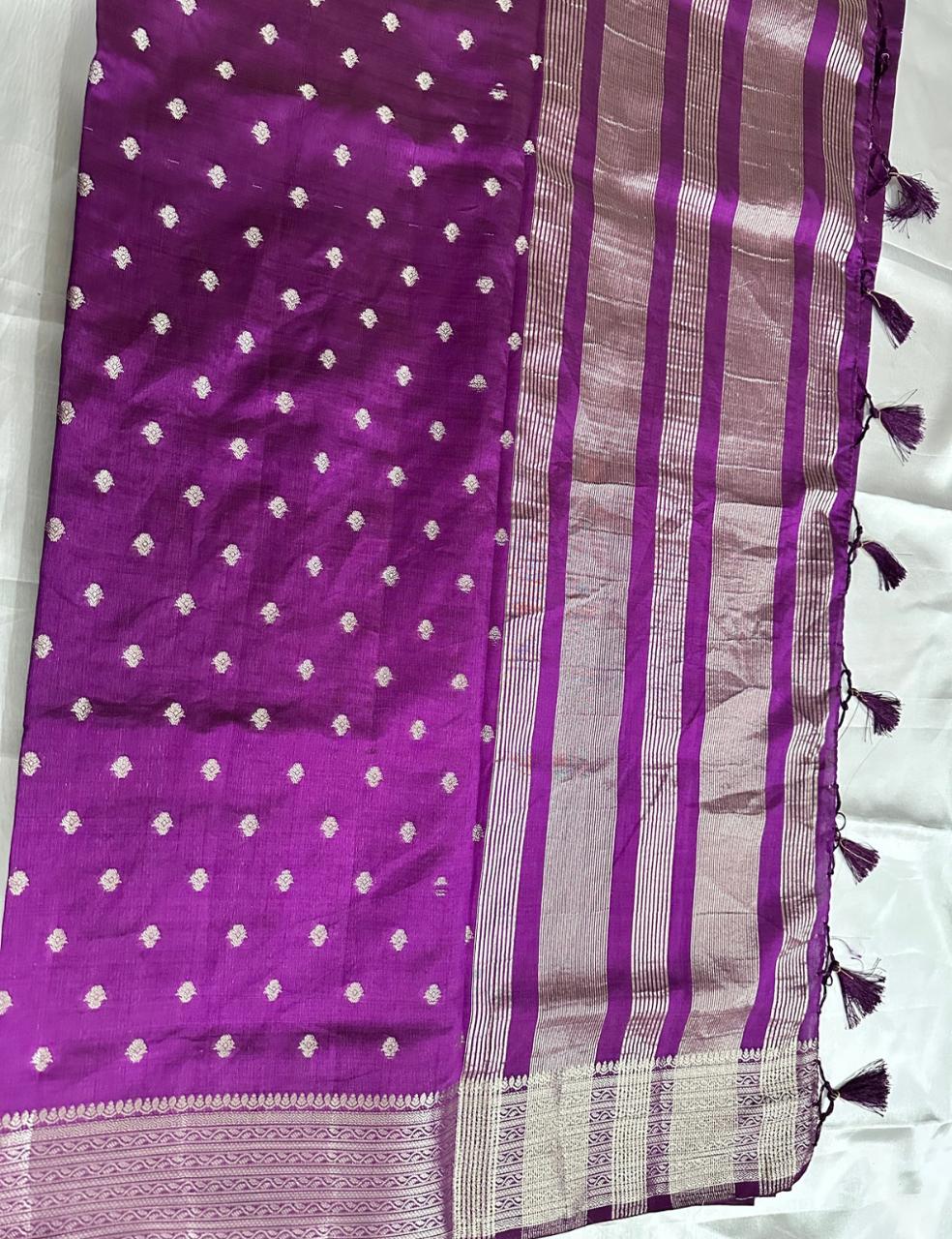 Royal Purple Tussar Silk Saree with Silver Zari Leaf Butta and Tassel Finish