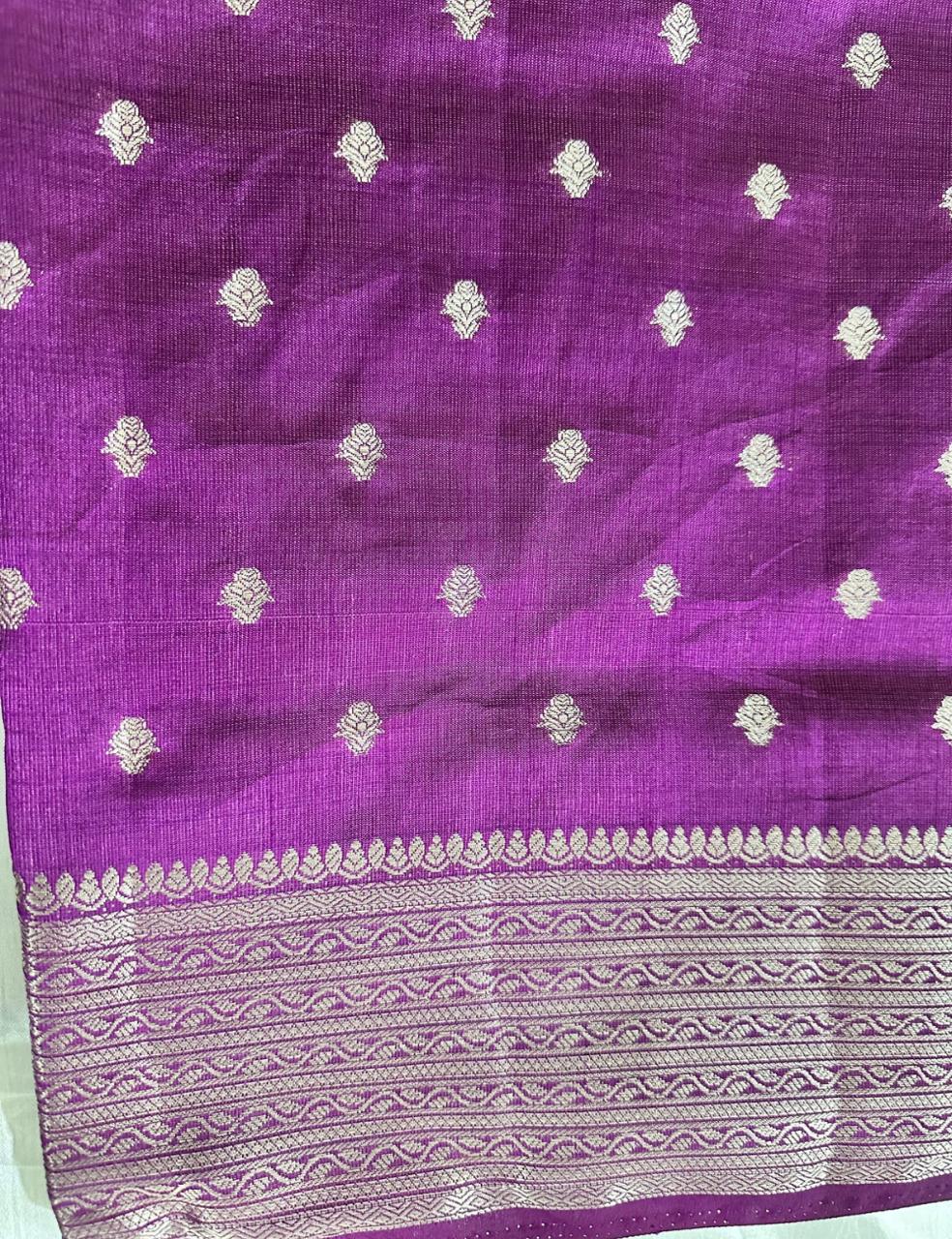 Royal Purple Tussar Silk Saree with Silver Zari Leaf Butta and Tassel Finish