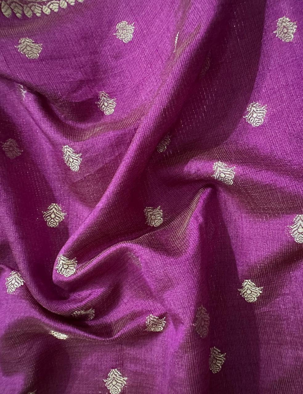 Royal Purple Tussar Silk Saree with Silver Zari Leaf Butta and Tassel Finish