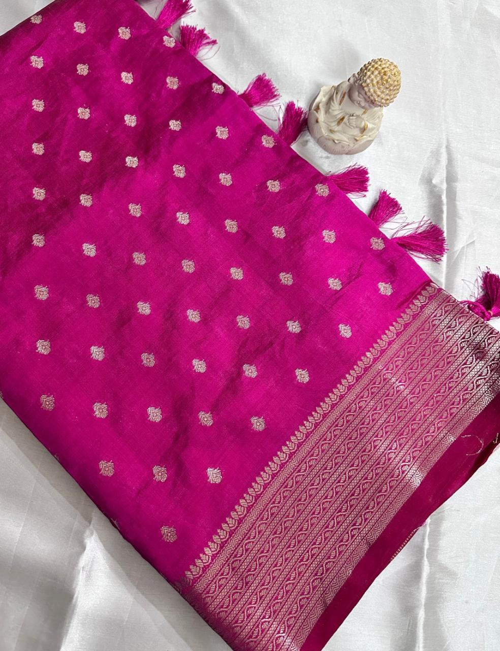 Magenta Pink Tussar Silk Saree with Silver Zari Butta and Woven Border