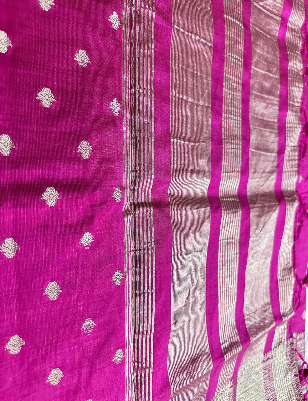 Magenta Pink Tussar Silk Saree with Silver Zari Butta and Woven Border