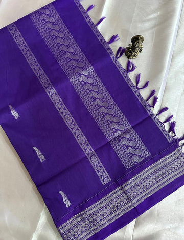 Royal Violet Tussar Silk Saree with Silver Zari Peacock Weaving and Tassel Border