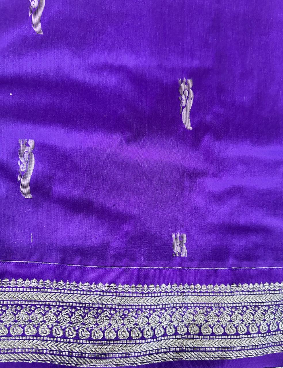 Royal Violet Tussar Silk Saree with Silver Zari Peacock Weaving and Tassel Border