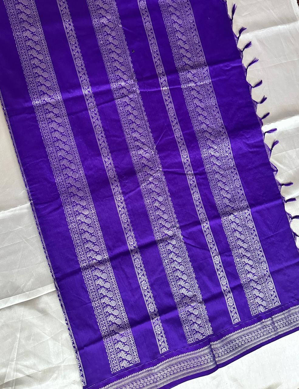 Royal Violet Tussar Silk Saree with Silver Zari Peacock Weaving and Tassel Border