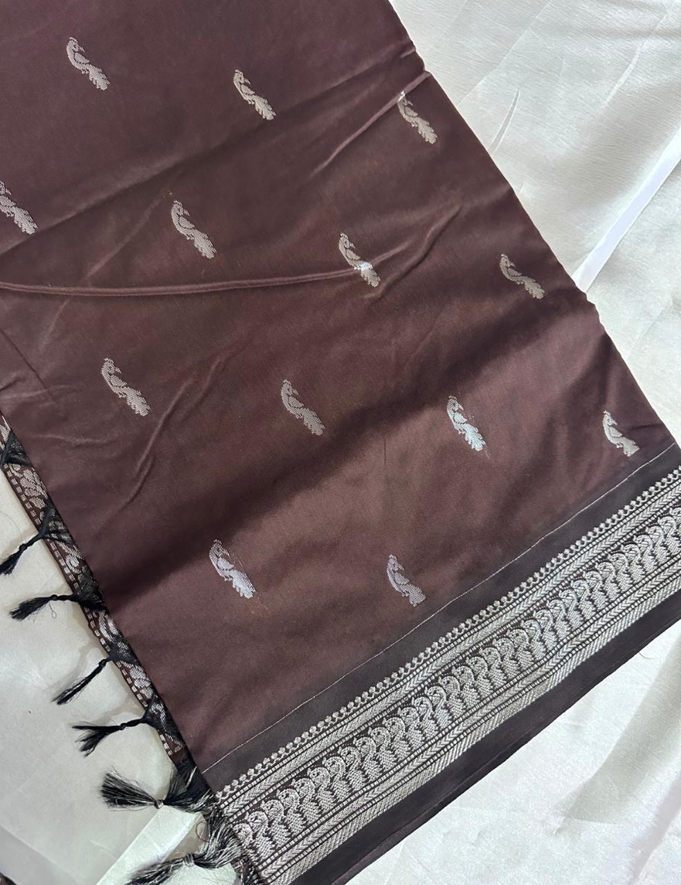 Coffee Brown Kalyani Cotton Saree with Silver Zari Peacock Border