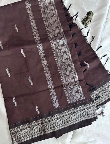 Coffee Brown Kalyani Cotton Saree with Silver Zari Peacock Border
