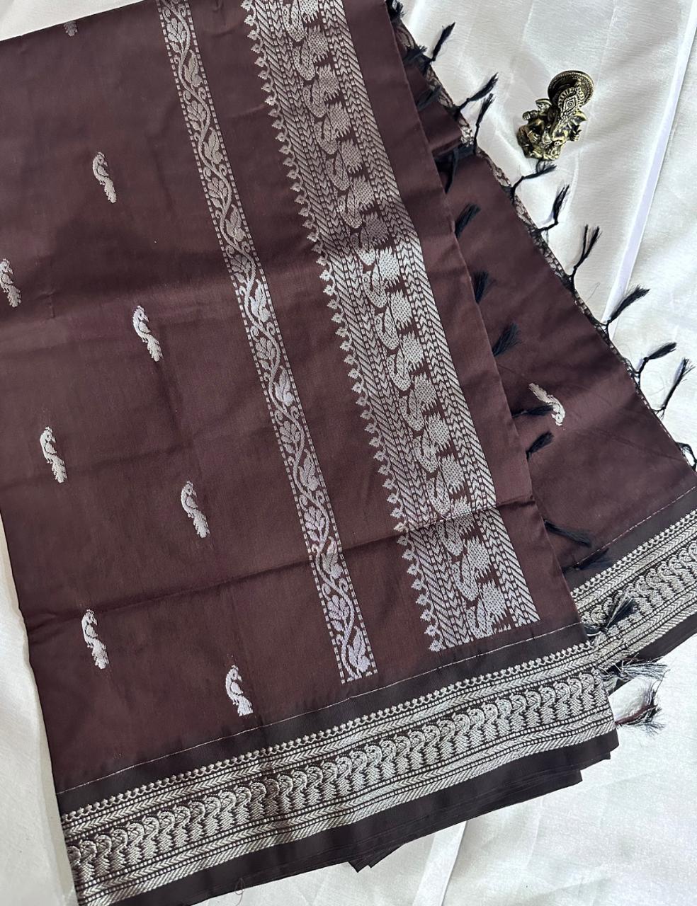 Coffee Brown Kalyani Cotton Saree with Silver Zari Peacock Border