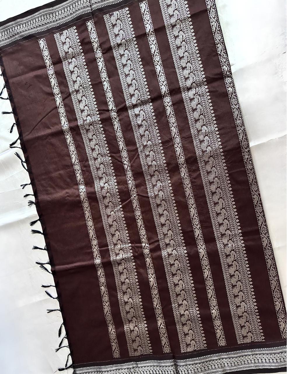 Coffee Brown Kalyani Cotton Saree with Silver Zari Peacock Border