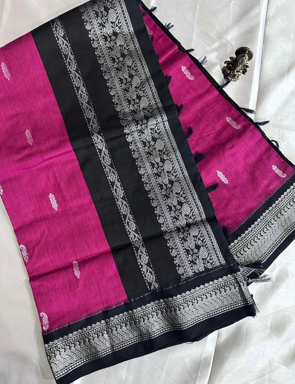 Magenta and Black Kalyani Cotton Saree with Silver Zari Peacock Border