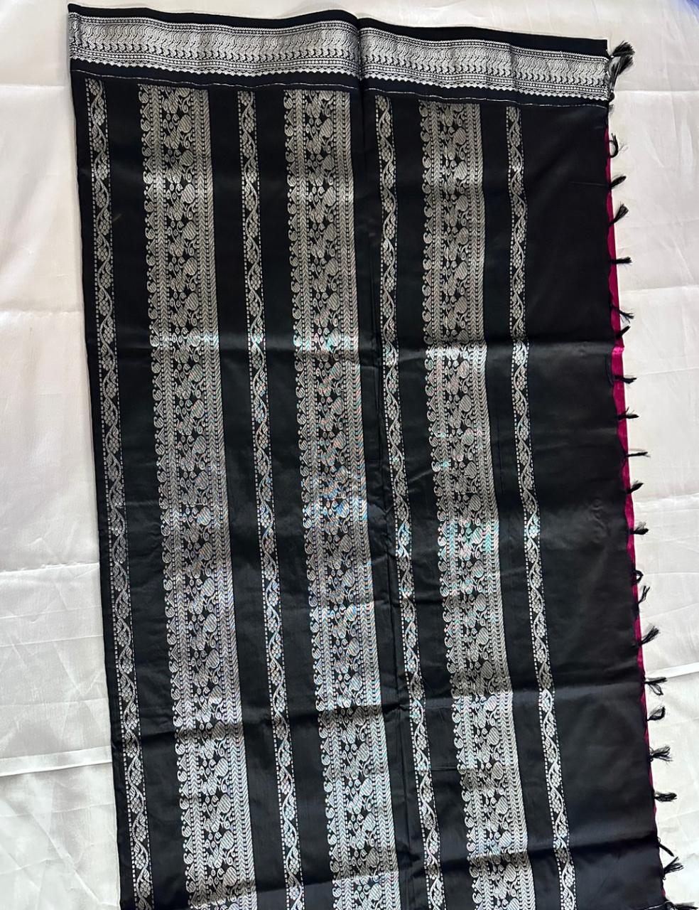 Magenta and Black Kalyani Cotton Saree with Silver Zari Peacock Border