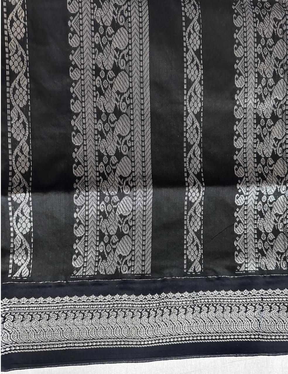 Magenta and Black Kalyani Cotton Saree with Silver Zari Peacock Border