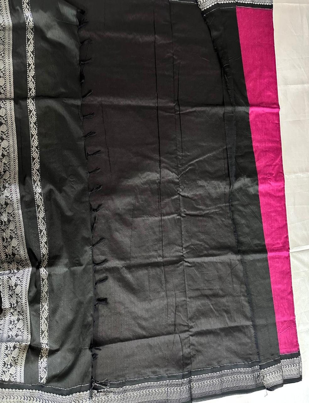 Magenta and Black Kalyani Cotton Saree with Silver Zari Peacock Border