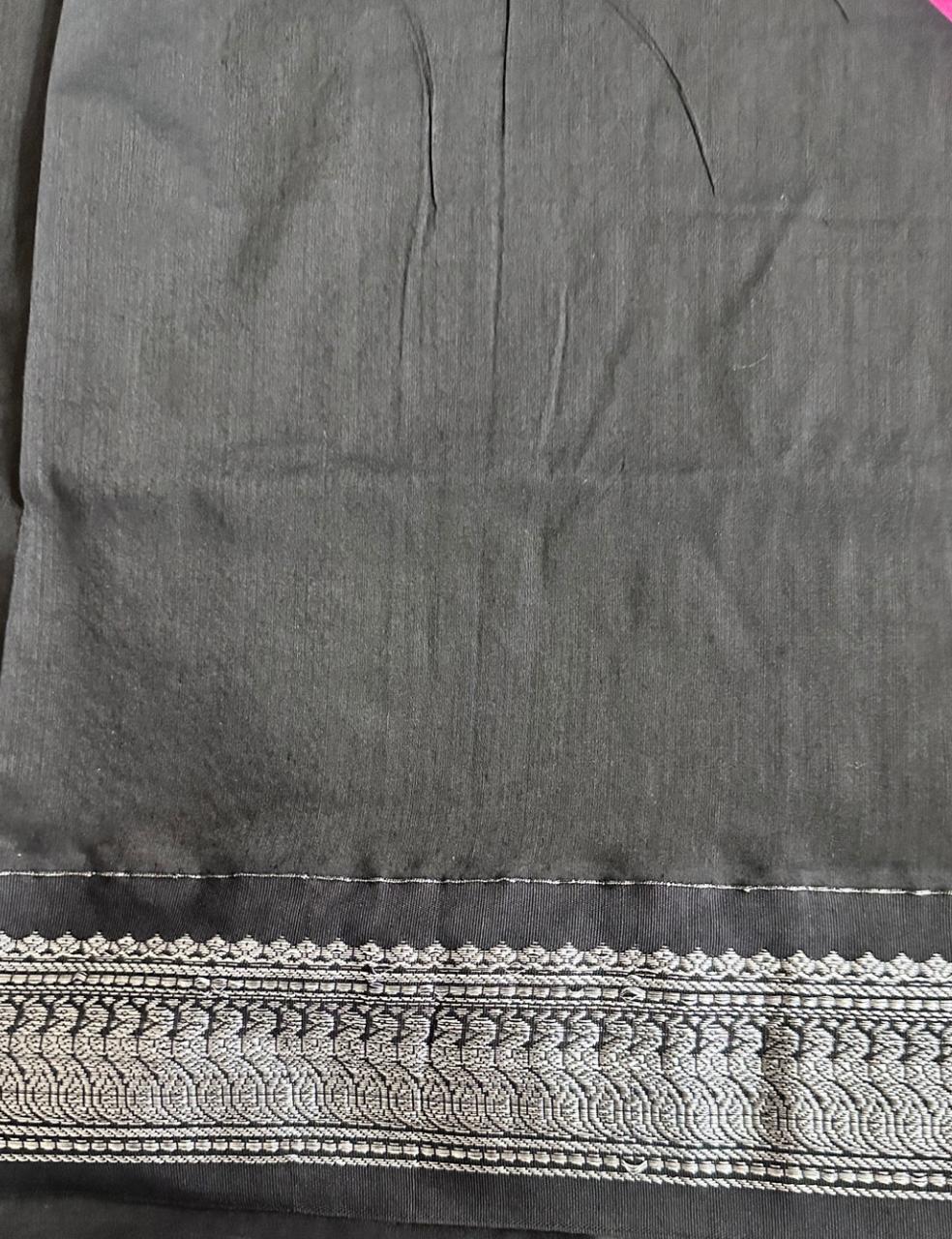 Magenta and Black Kalyani Cotton Saree with Silver Zari Peacock Border