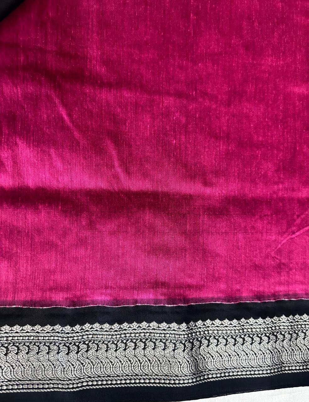 Magenta and Black Kalyani Cotton Saree with Silver Zari Peacock Border