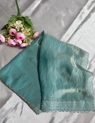 Sea Green Space Silk Saree with Shimmer Cutwork Border and Glossy Finish