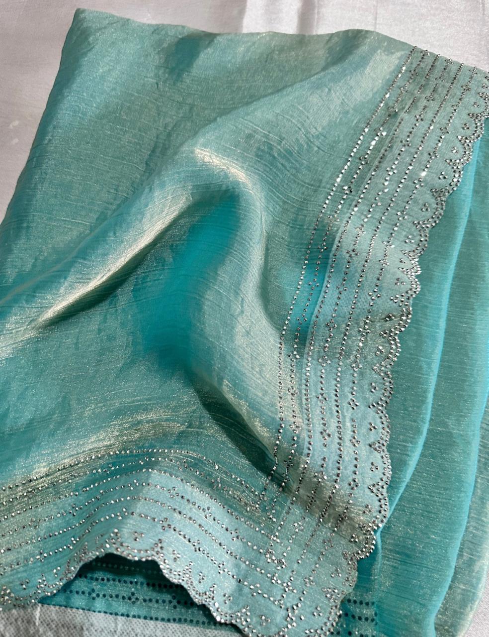 Sea Green Space Silk Saree with Shimmer Cutwork Border and Glossy Finish
