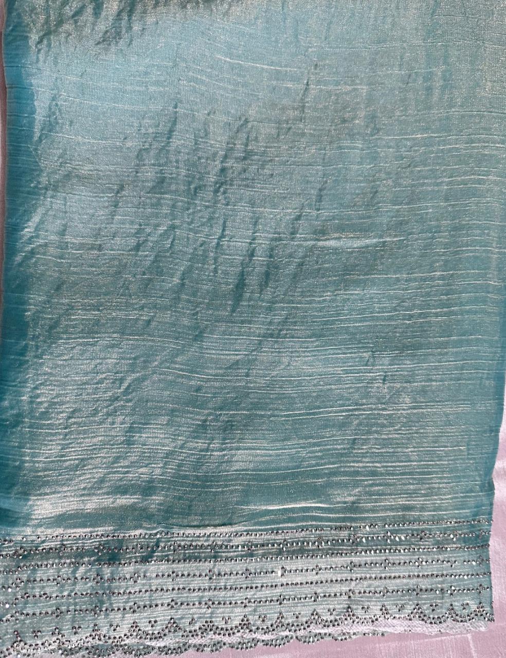 Sea Green Space Silk Saree with Shimmer Cutwork Border and Glossy Finish
