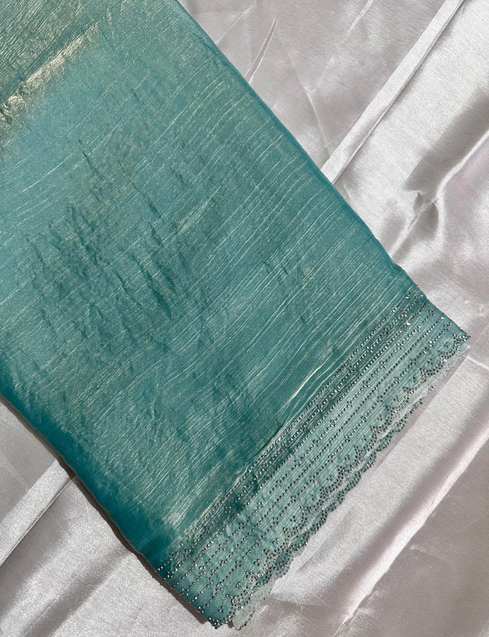 Sea Green Space Silk Saree with Shimmer Cutwork Border and Glossy Finish